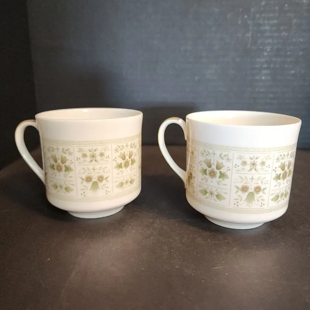 Royal Doulton Tea Coffee China Cup~Samarra~Green Tan Floral, England Set of 2